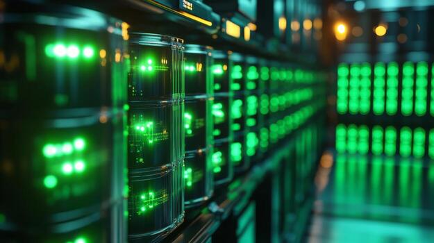 A row of green lights in a data center photo