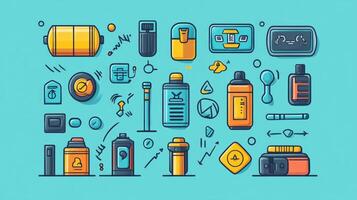 A collection of different types of items, including a bottle of water, a bottle of shampoo, photo