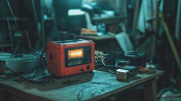 An old red electric meter on a table photo