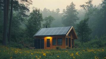 A small cabin with solar panels on the roof photo