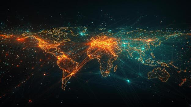 The world map is shown in a dark background photo