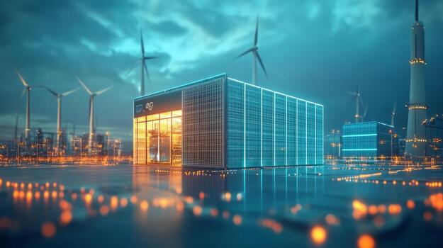 A building with wind turbines in the background photo