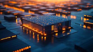 A small building with lights on it in the middle of a city photo