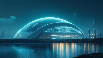 Futuristic city on the water with a dome photo