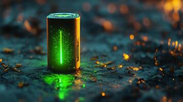 A green glowing light on a battery photo