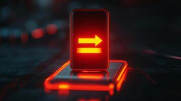 A glowing red phone with an arrow pointing to the right photo