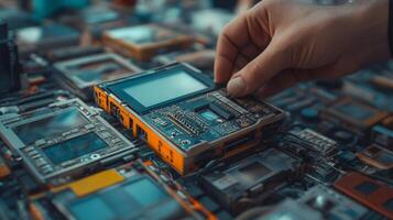 A person is holding a small electronic device on top of a circuit board photo