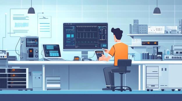 A man is working on a computer in a lab photo