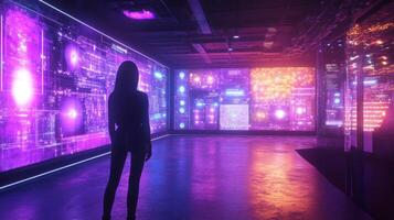 A woman standing in front of a large screen with neon lights photo