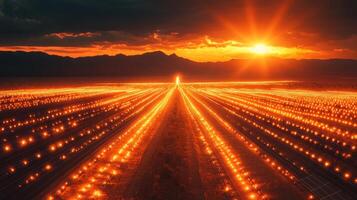 A solar farm with lights shining in the sky photo