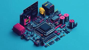 A computer motherboard is surrounded by other electronic components photo