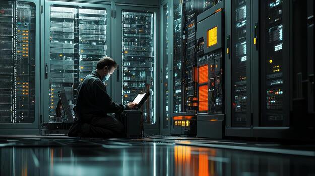 A man sitting in front of a server rack photo