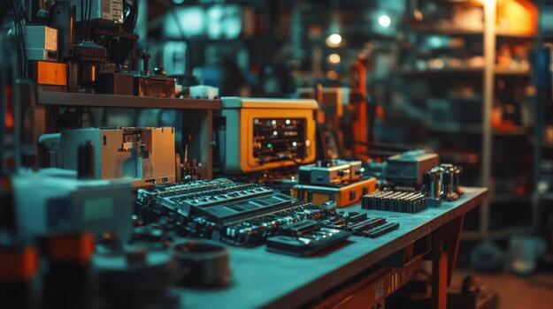 A table with various electronic devices on it photo