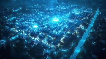 An aerial view of a city at night photo