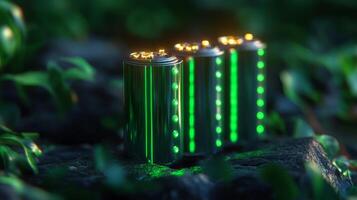 Three green batteries on a rock with green lights photo