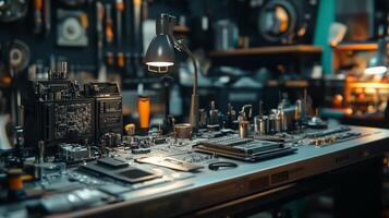 A table with various electronic components on it photo