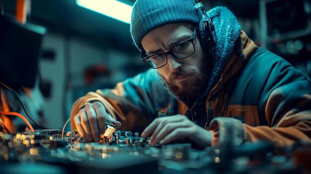 A man in a hoodie and headphones working on a computer photo