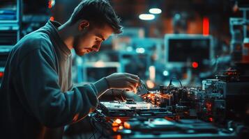 A man working on a computer in a factory photo