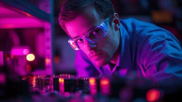 A man in glasses is working on a computer photo