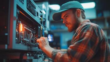 A man in a hat is working on a computer photo