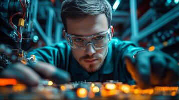 A man in glasses working on a computer photo