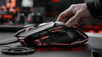 A person is holding a gaming mouse on a desk photo