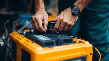 A man is working on a battery in a vehicle photo