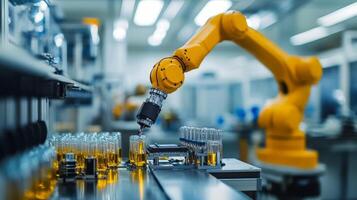 A robotic arm is working on a machine in a factory photo