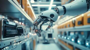 A robot is holding a machine in a warehouse photo