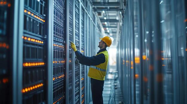 A man in a yellow vest is standing in a server room photo