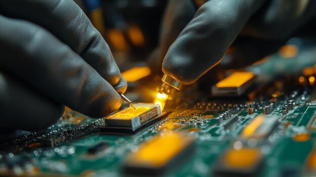 Hands of a technician working on a circuit board photo