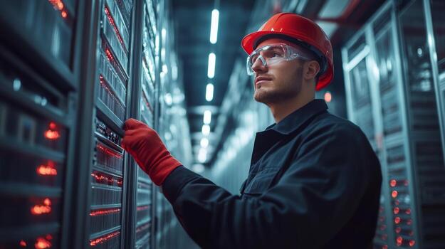 A man in a hard hat and red helmet is standing in a server room photo