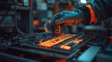 A person in a black glove is working on a computer photo