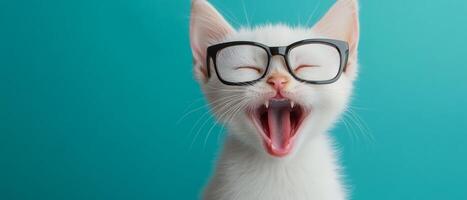 A white cat wearing glasses and yawning photo