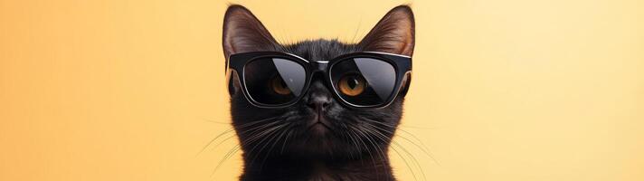 A black cat wearing sunglasses on a yellow background photo