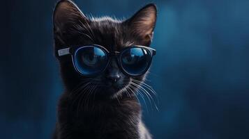 A black cat wearing sunglasses on a dark background photo