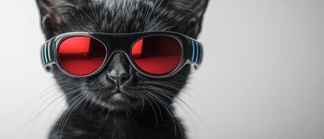 A black cat wearing red sunglasses photo