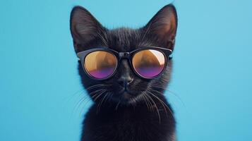 A black cat wearing sunglasses on a blue background photo
