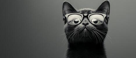 A black cat wearing glasses on a gray background photo