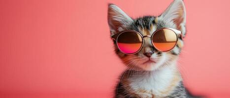 A cat wearing sunglasses on a pink background photo