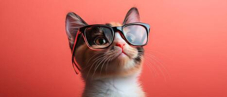 A cat wearing glasses on a red background photo