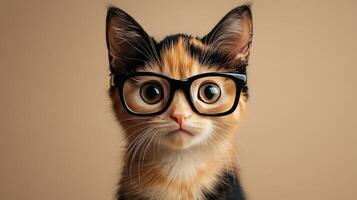 A cat wearing glasses on a brown background photo
