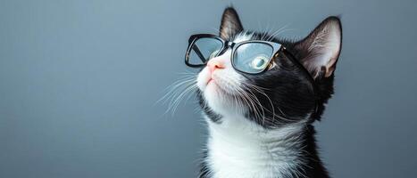 A cat wearing glasses looking up at something photo