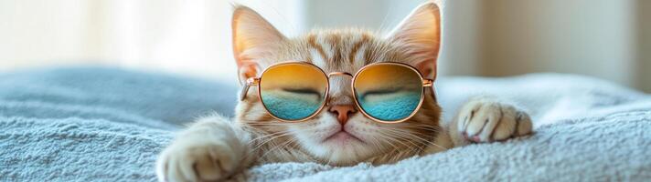A cat wearing sunglasses laying on a bed photo
