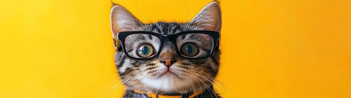 A cat wearing glasses on a yellow background photo