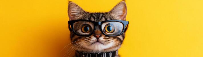 A cat wearing glasses on a yellow background photo