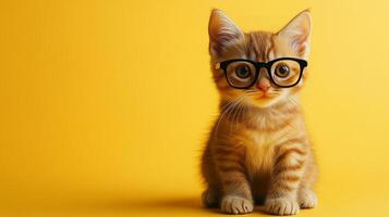A cat wearing glasses on a yellow background photo