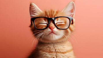 A cat wearing glasses on a pink background photo