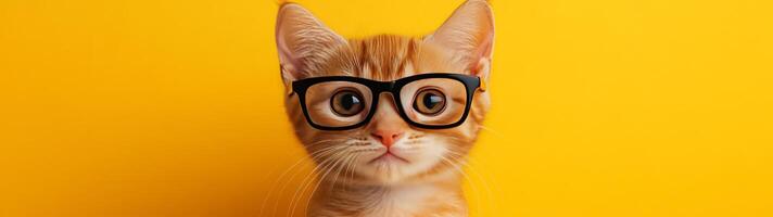 A cat wearing glasses on a yellow background photo