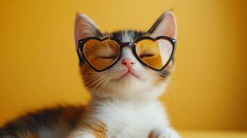 A cat wearing sunglasses on a yellow background photo